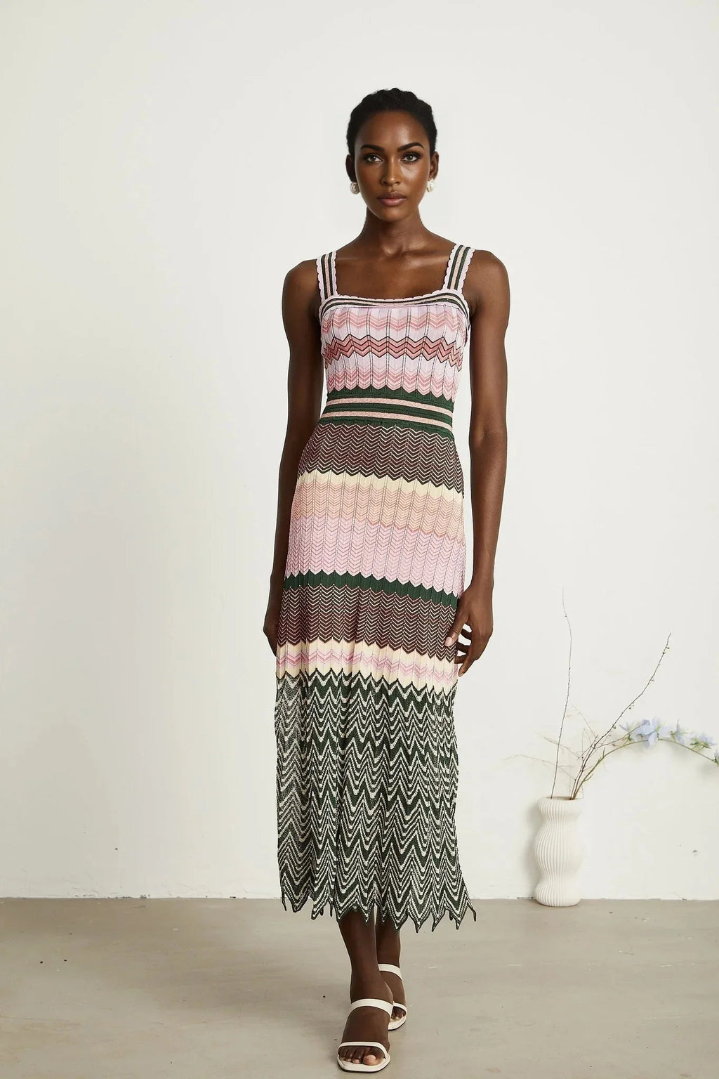 Antonina Midi Dress - Sleeveless - Scoop Neck - Wide Straps - Scalloped Edge