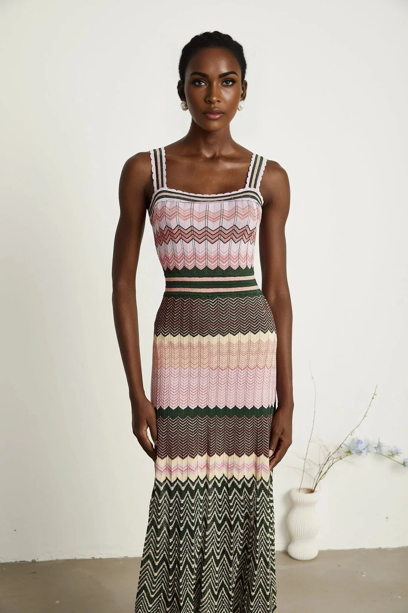 Antonina Midi Dress - Sleeveless - Scoop Neck - Wide Straps - Scalloped Edge