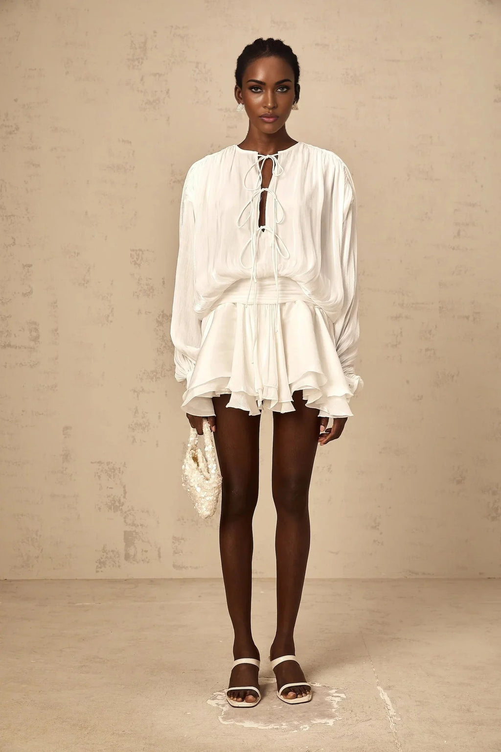 Antonina Mini Dress White Glitter Pleated Layered