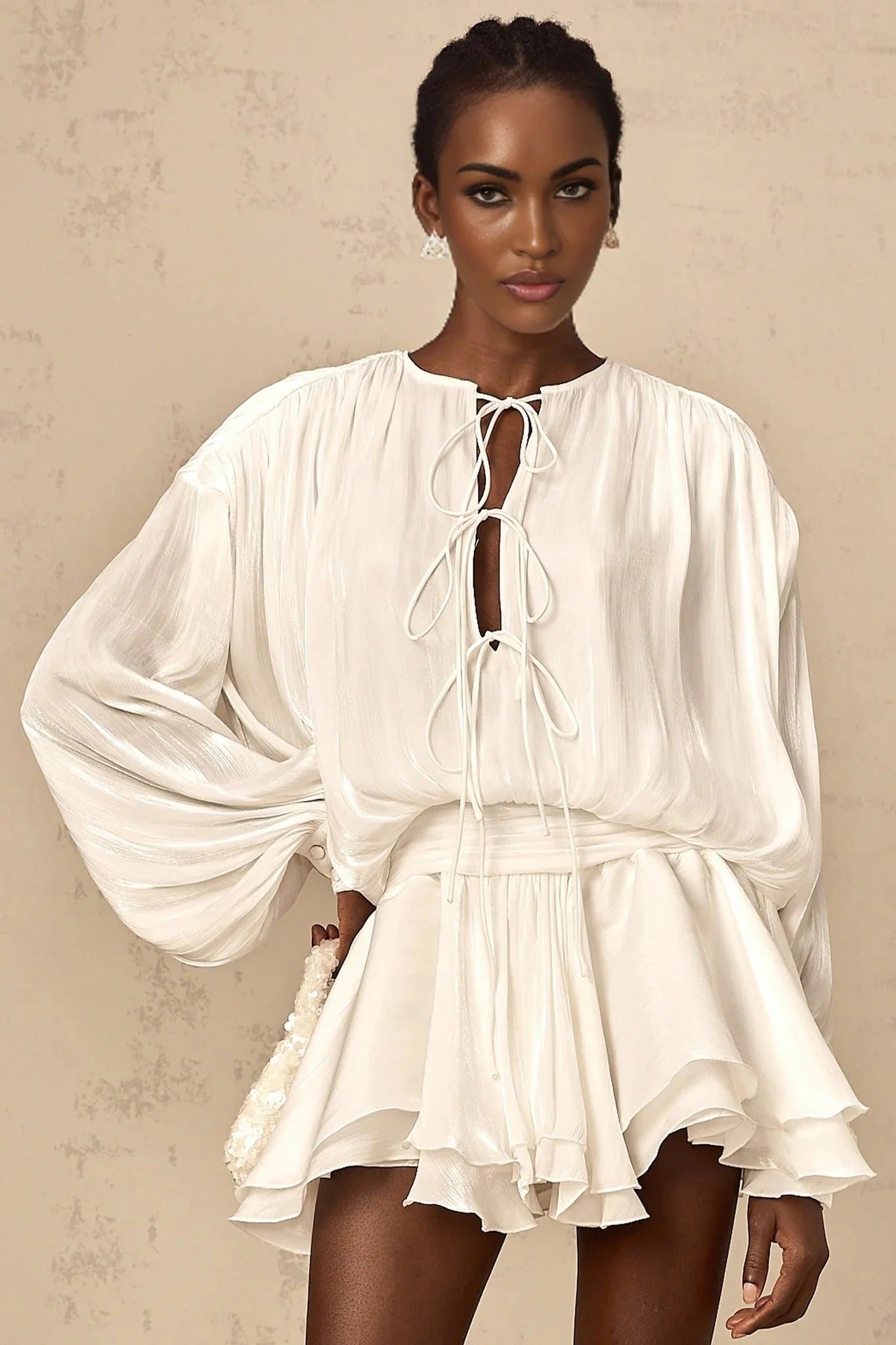 Antonina Mini Dress White Glitter Pleated Layered
