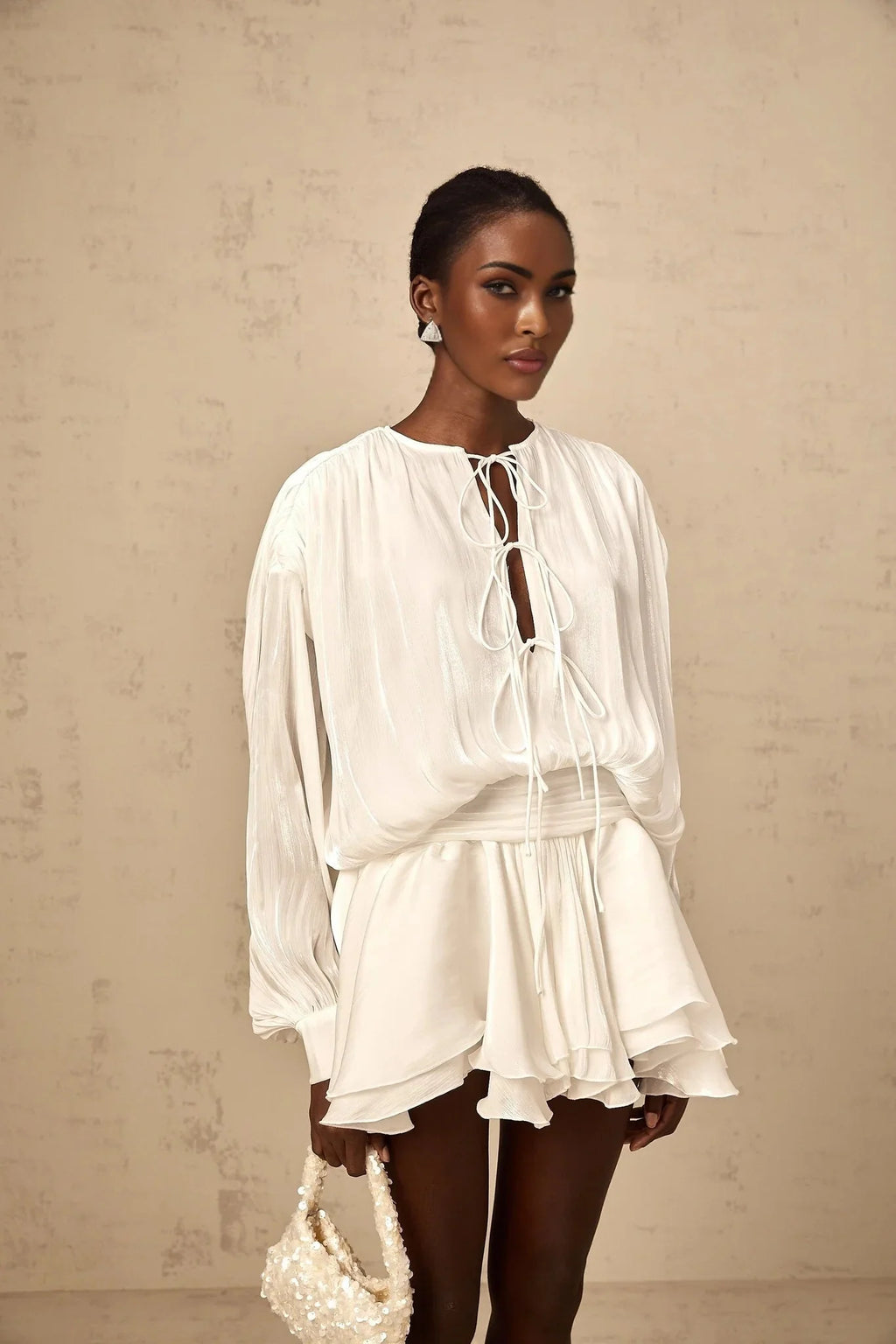 Antonina Mini Dress White Glitter Pleated Layered