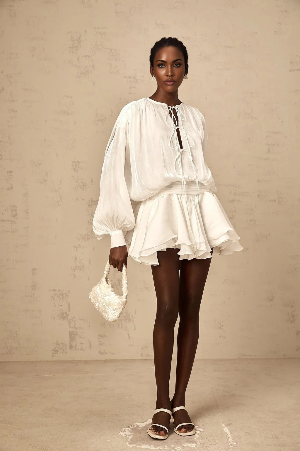 Antonina Mini Dress White Glitter Pleated Layered