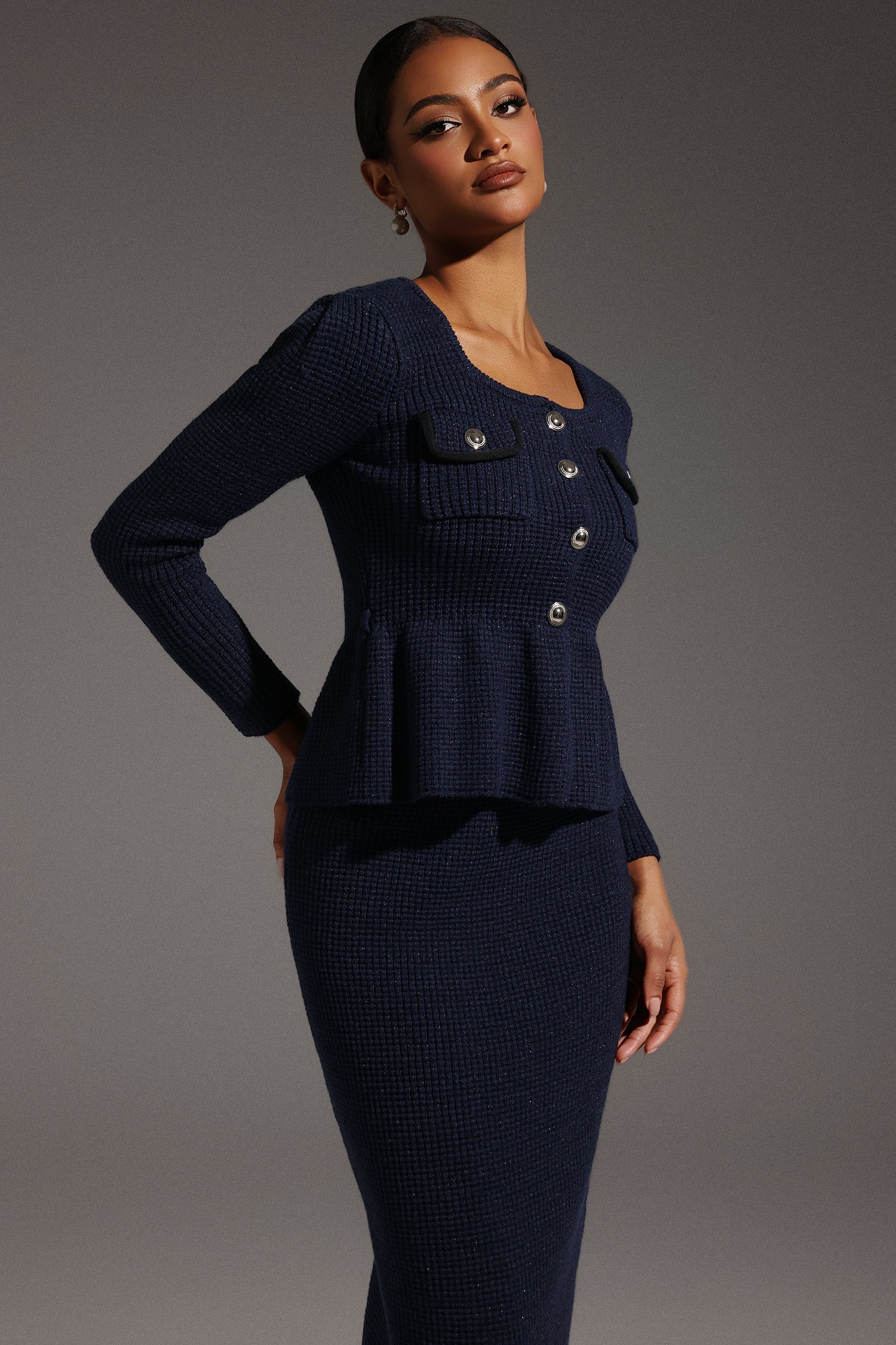 Antonina Navy Fishtail Hem Dress with Square Collar and Peplum Waist