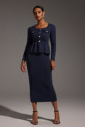 Antonina Navy Fishtail Hem Dress with Squared Collar and Peplum Waist