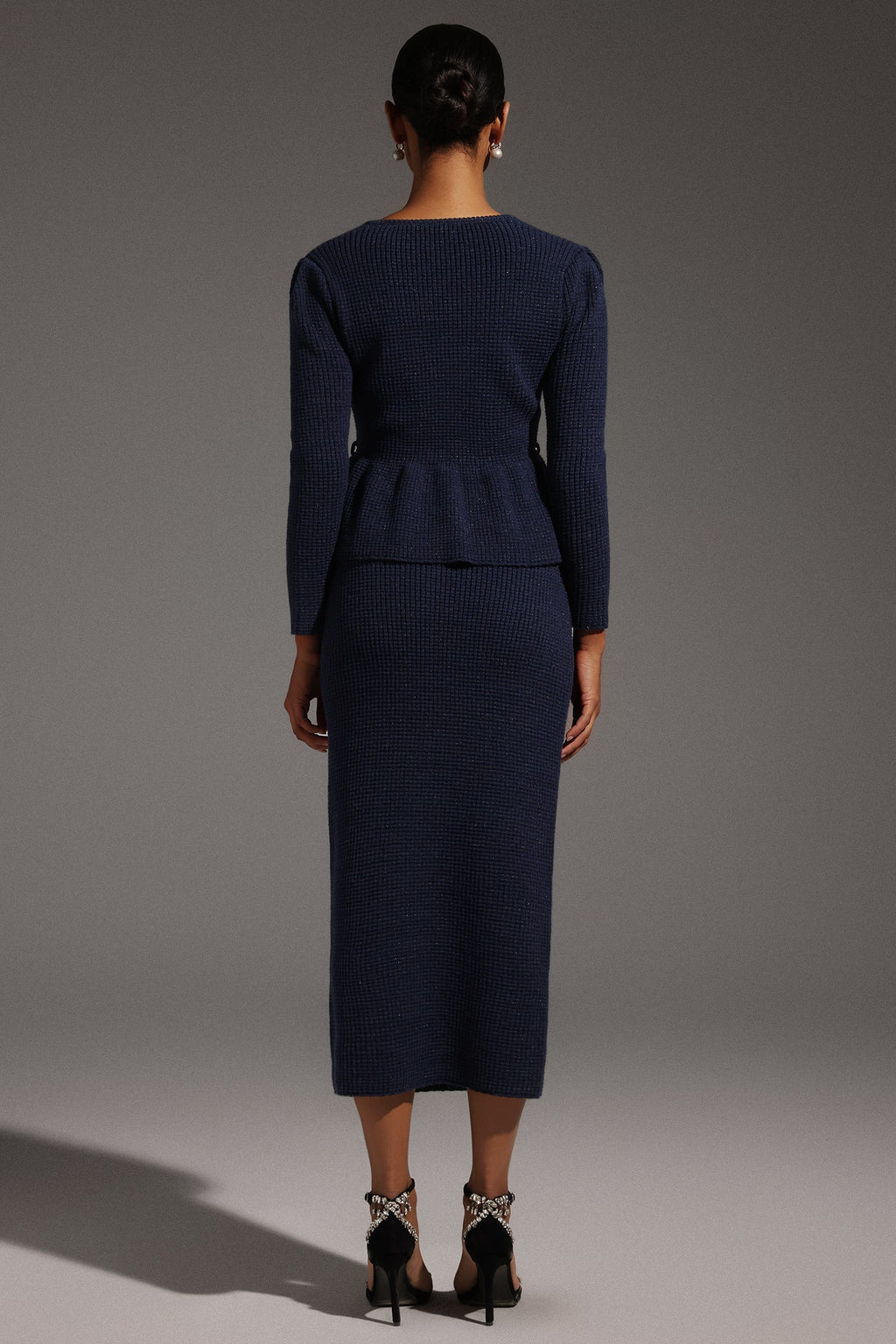 Antonina Navy Fishtail Hem Dress with Squared Collar and Peplum Waist