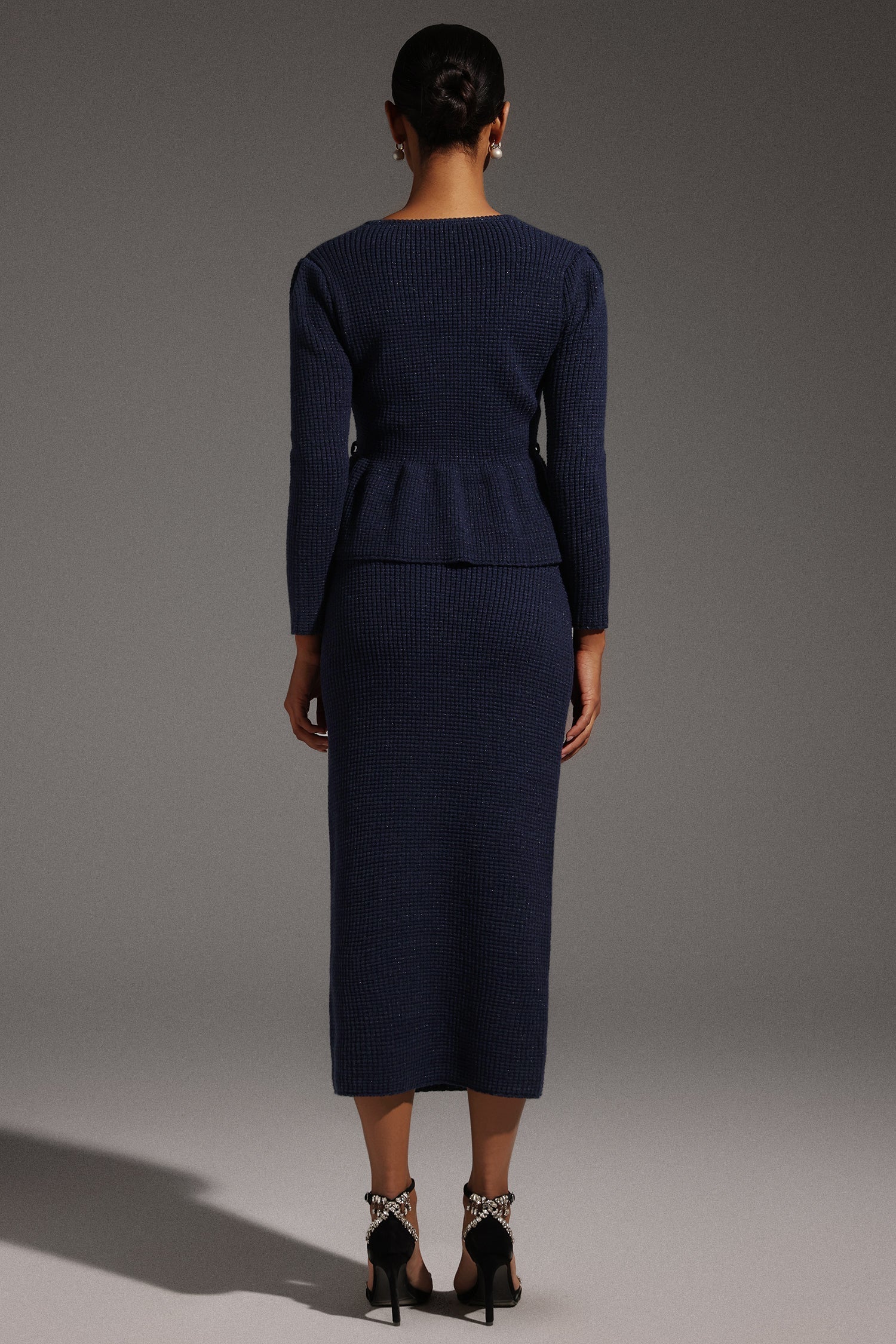Antonina Navy Fishtail Hem Dress with Squared Collar and Peplum Waist