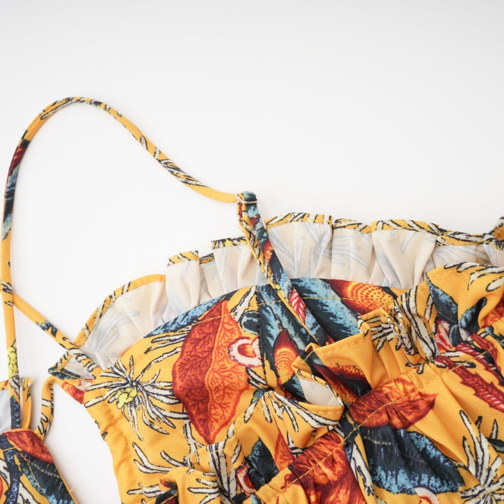 Apolline Midi Dress - Vibrant Floral Print - Ruffle Construction - Crisscross Back - Fitted Bodice - Effortless Elegance