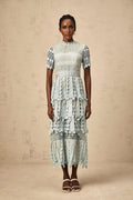 April Midi Dress Green Floral Embroidered Tiered Design & Cut - Out