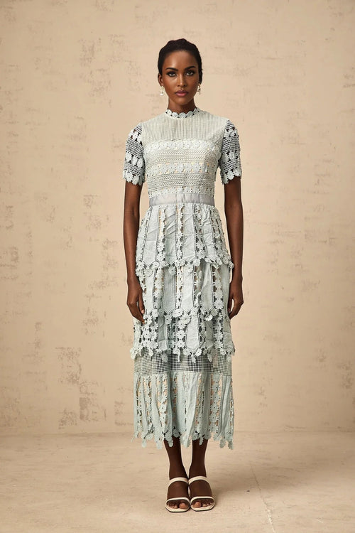 April Midi Dress Green Floral Embroidered Tiered Design & Cut - Out