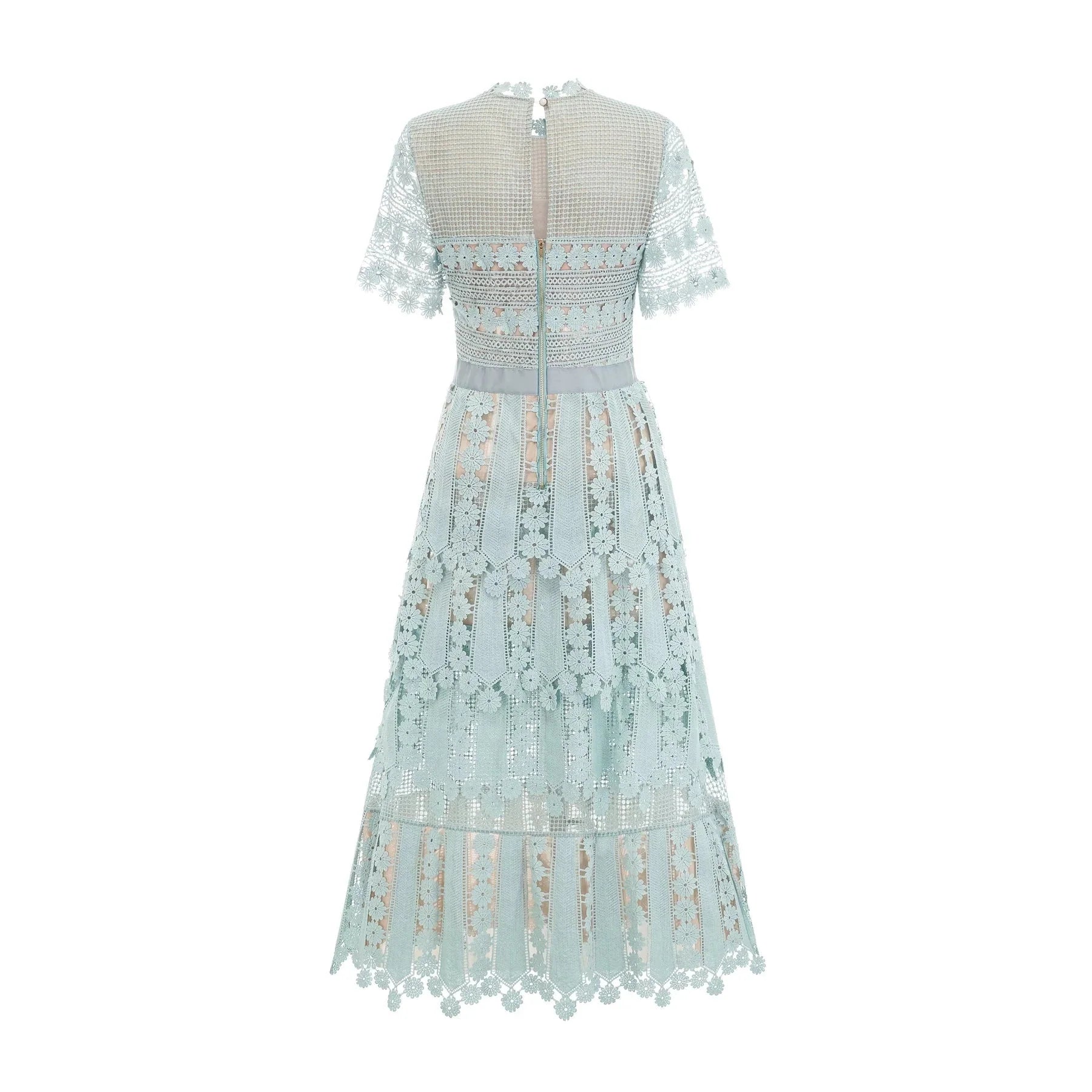 April Midi Dress Green Floral Embroidered Tiered Design & Cut - Out