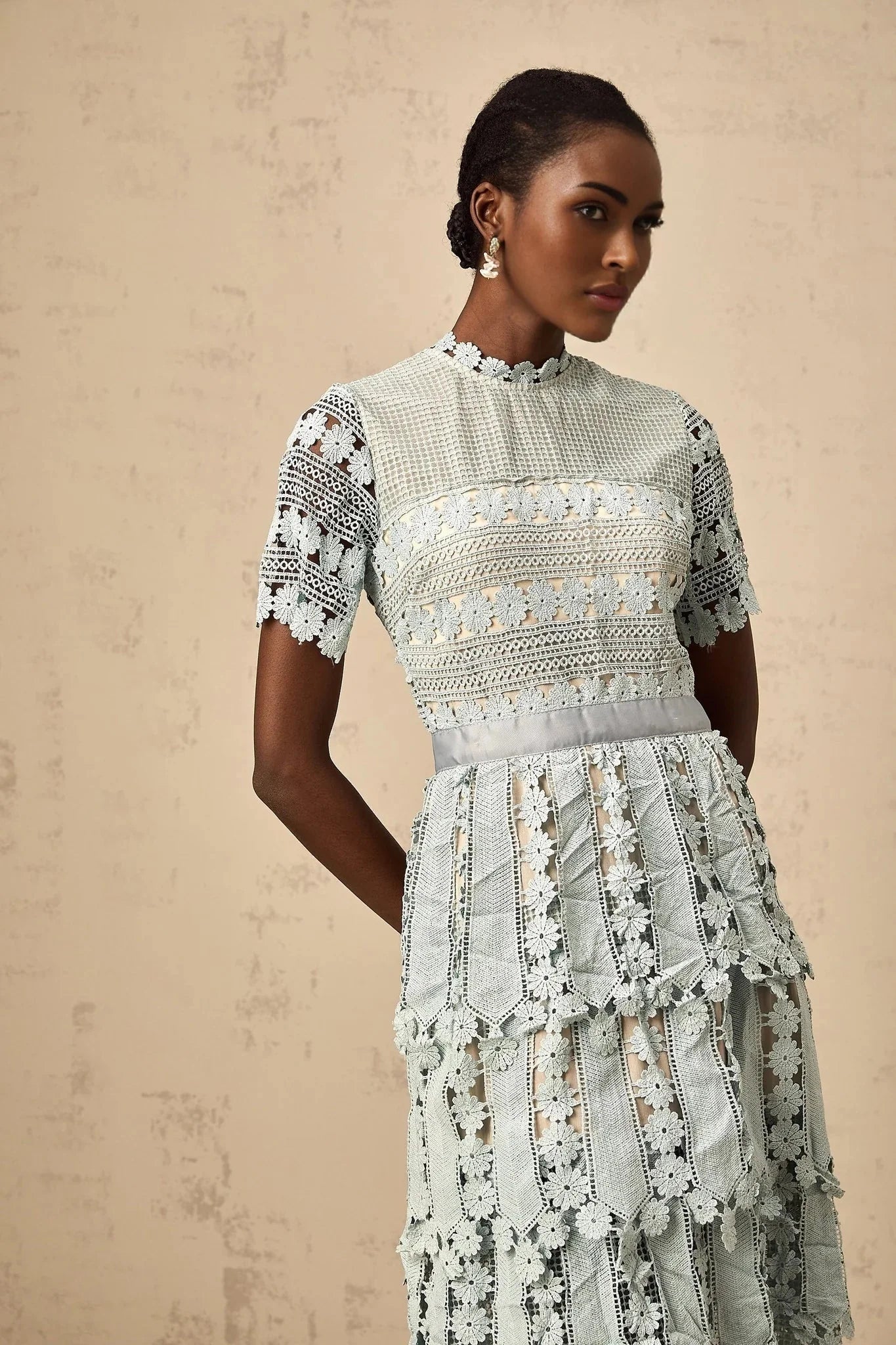 April Midi Dress Green Floral Embroidered Tiered Design & Cut - Out