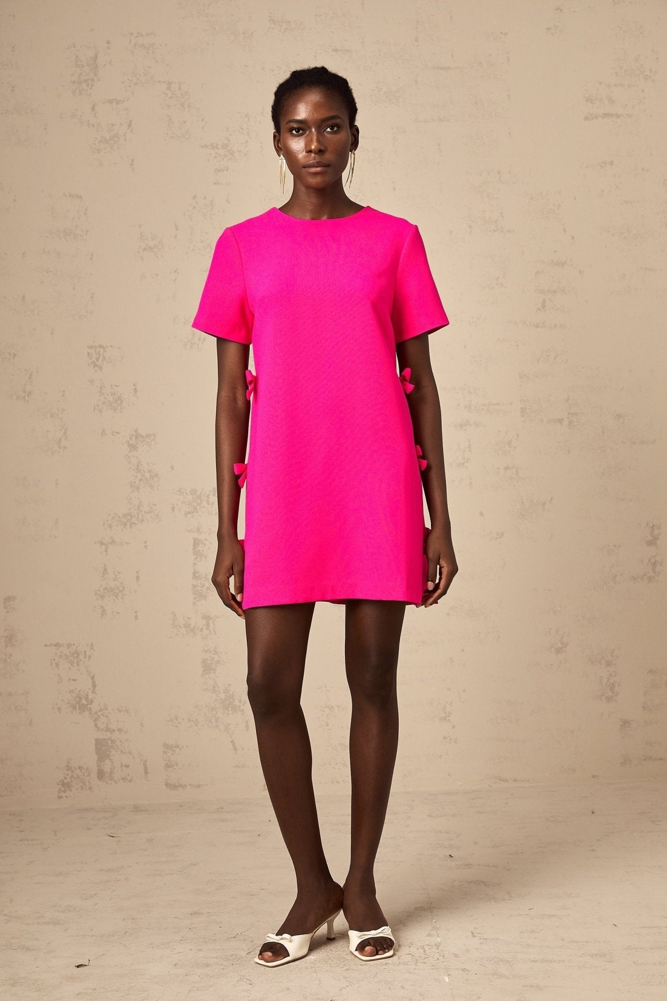 April Mini Dress - Round Neck - Short Sleeves - Bowknot Detailing - Rear Zip Fastening