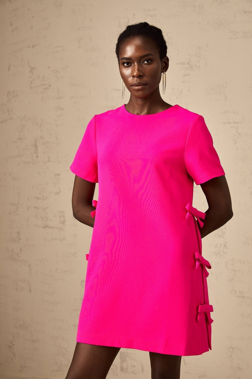 April Mini Dress - Round Neck - Short Sleeves - Bowknot Detailing - Rear Zip Fastening
