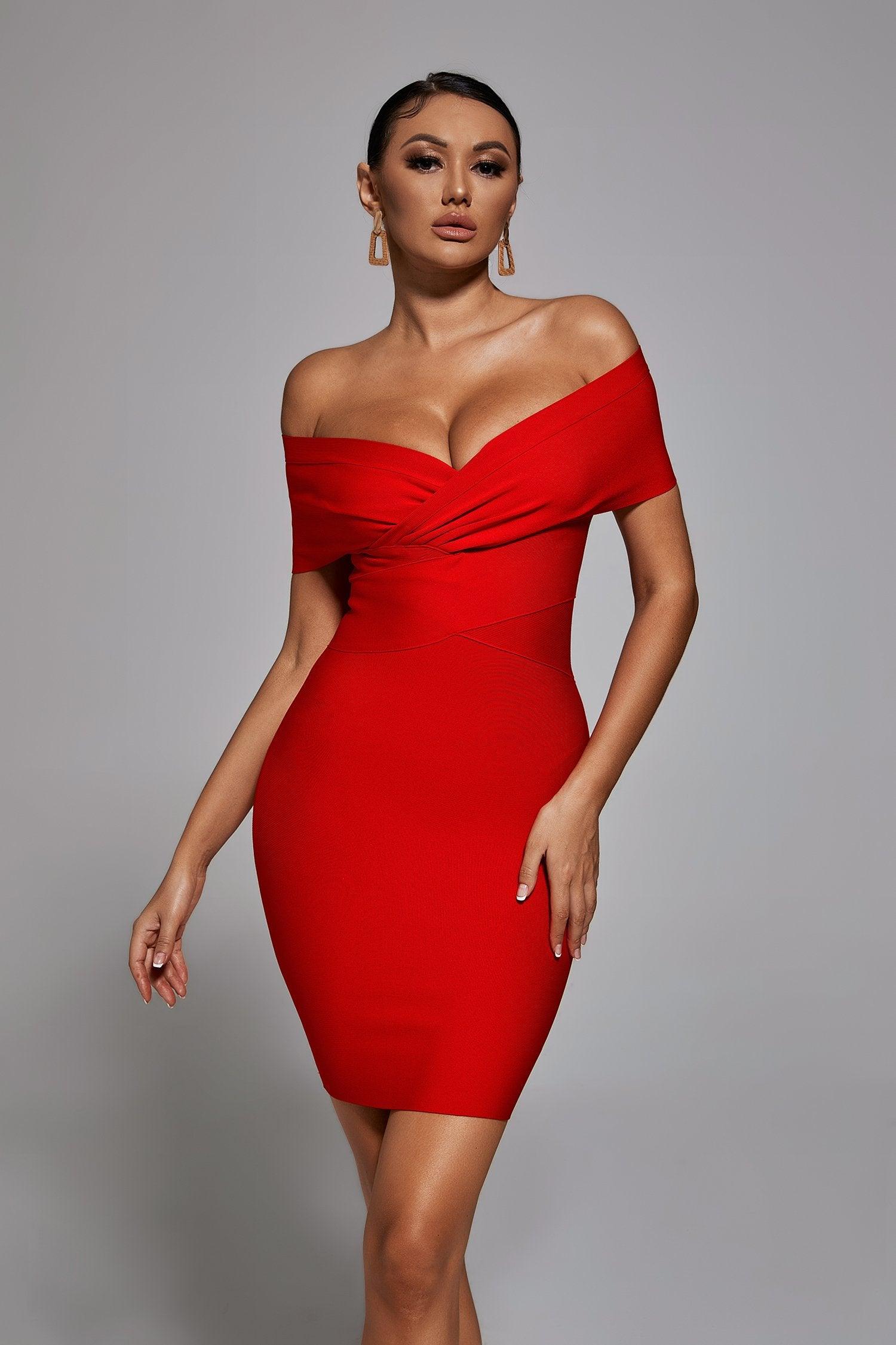 April Red Off-Shoulder Elegance Dress with Bust Detailing