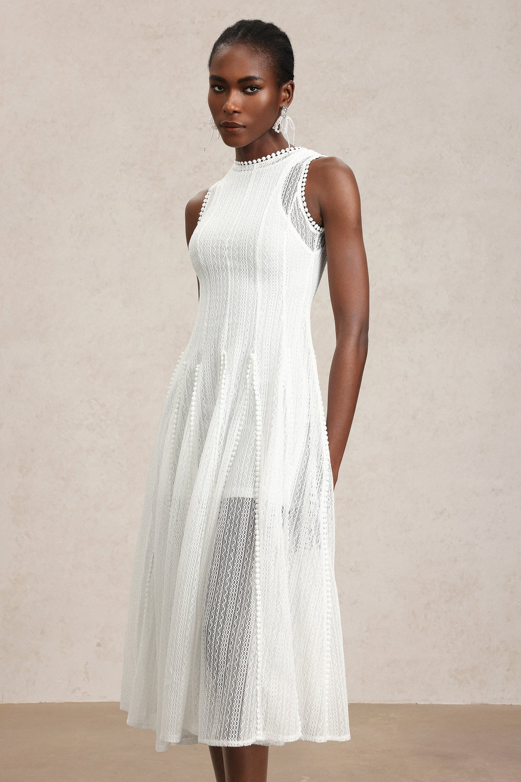 April White Lace Sleeveless Dress Mid Calf Formal Casual Elegant