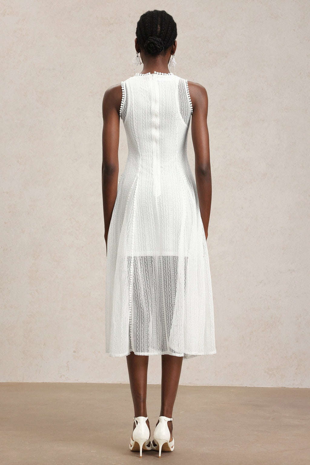 April White Lace Sleeveless Dress with Round Neckline and Sheer Overlay