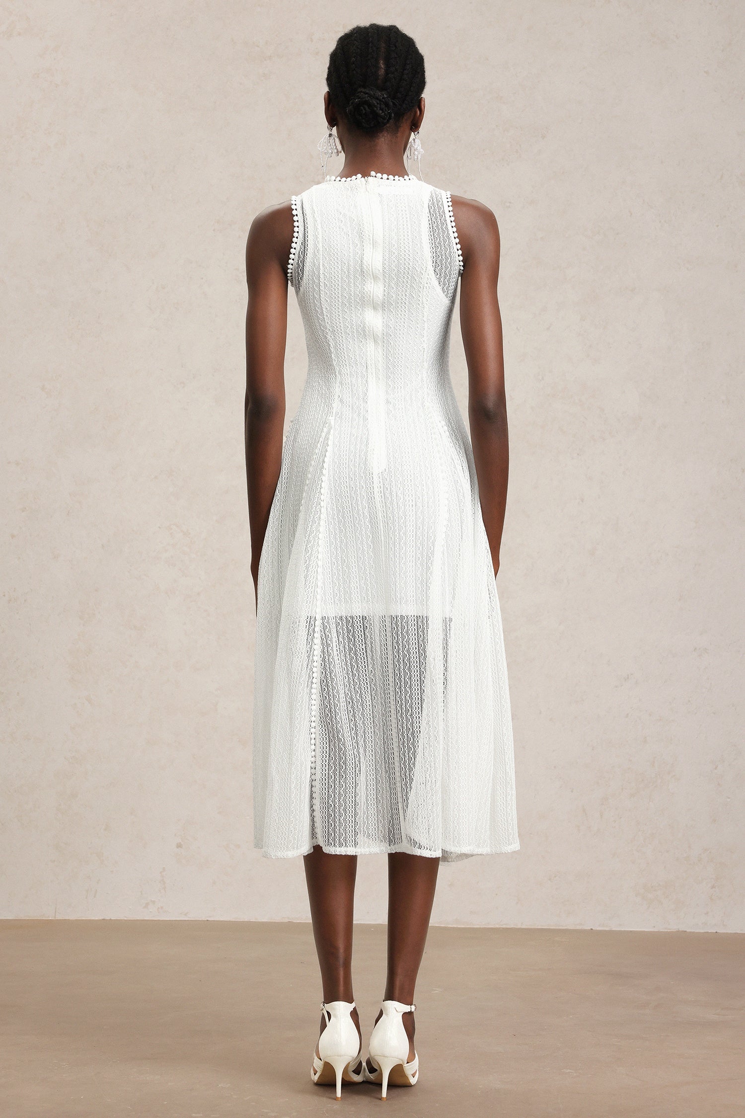 April White Lace Sleeveless Dress with Round Neckline and Sheer Overlay