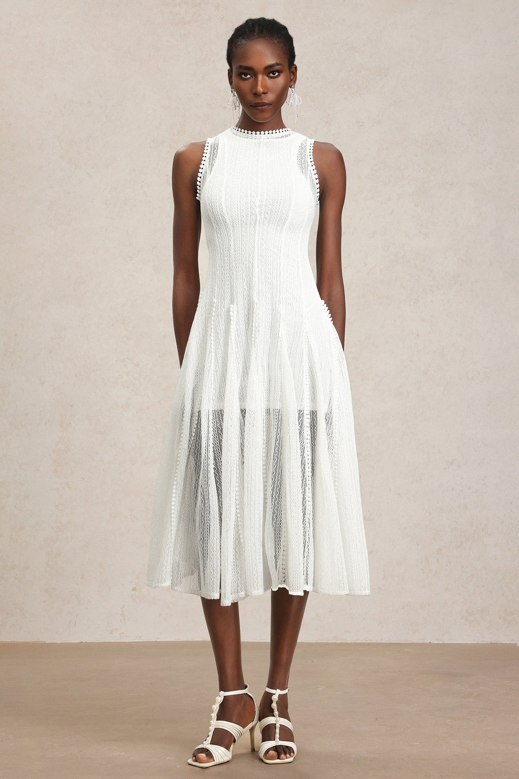 April White Lace Sleeveless Mid-Calf Dress for Women