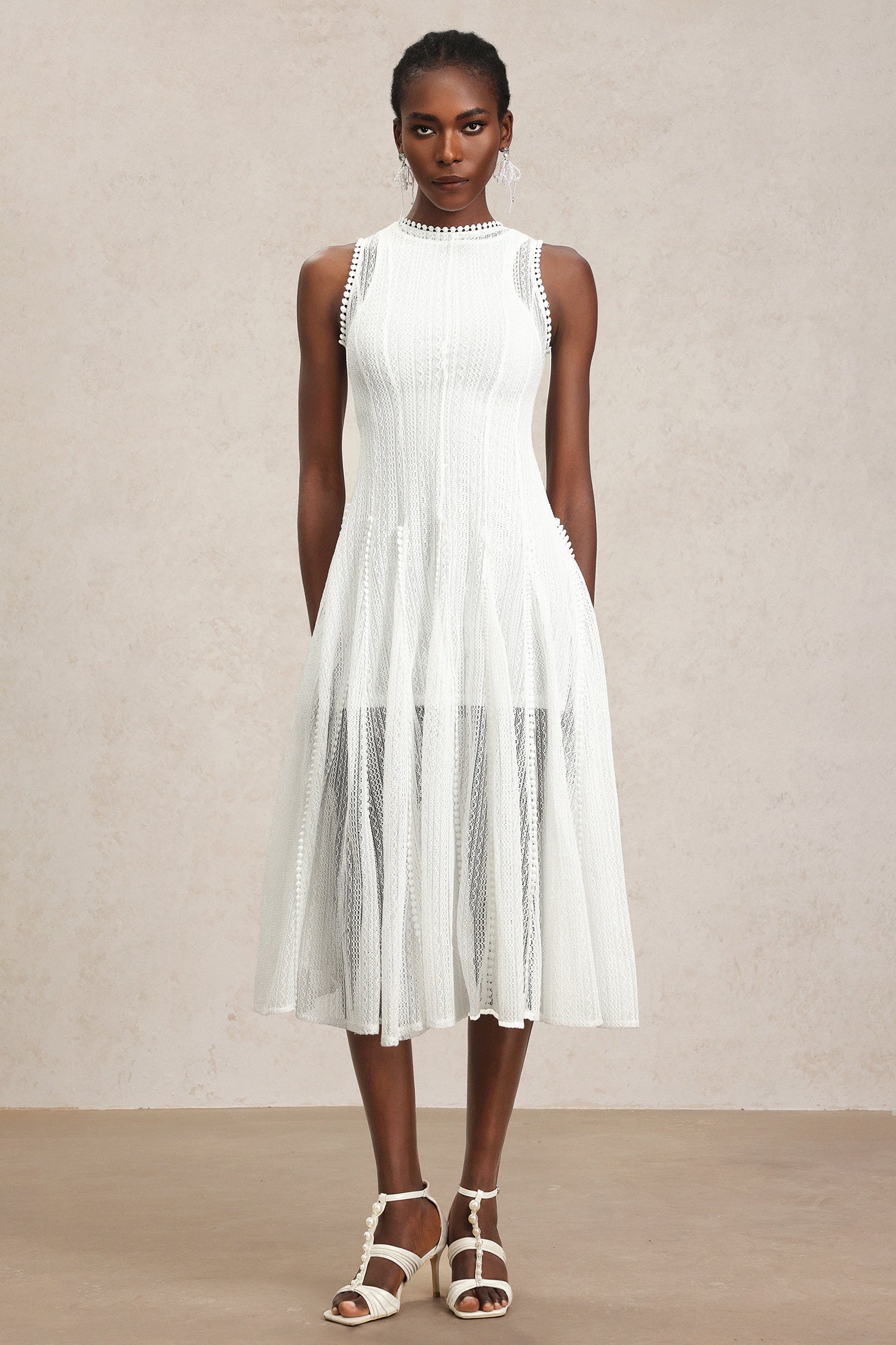 April White Lace Sleeveless Mid-Calf Dress for Women