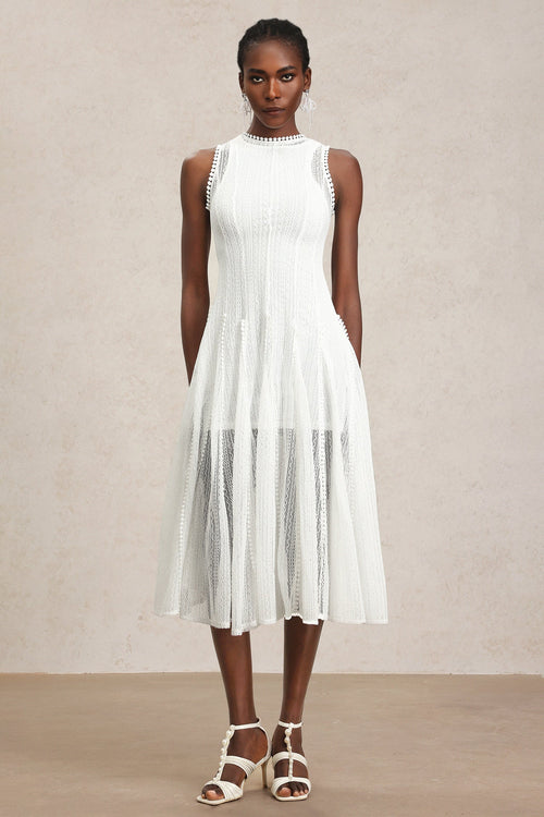 April White Lace Sleeveless Mid-Calf Dress for Women