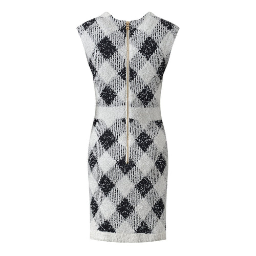 Argyle Dress - Fitted Bodycon Silhouette - Argyle Pattern With Pockets - Tailored Fit - Vintage Elegant Styling - Golden Button Accents