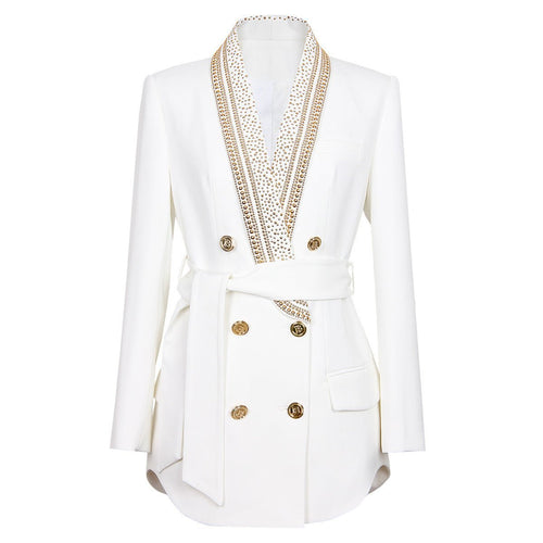 Arianna Blazer - Tailored Double - Breasted Design - Embellished Collar - Waist - Cinching Belt - Lightweight Fabric - Modern Luxury Style