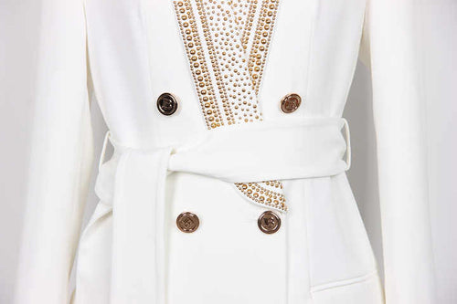 Arianna Blazer - Tailored Double - Breasted Design - Embellished Collar - Waist - Cinching Belt - Lightweight Fabric - Modern Luxury Style