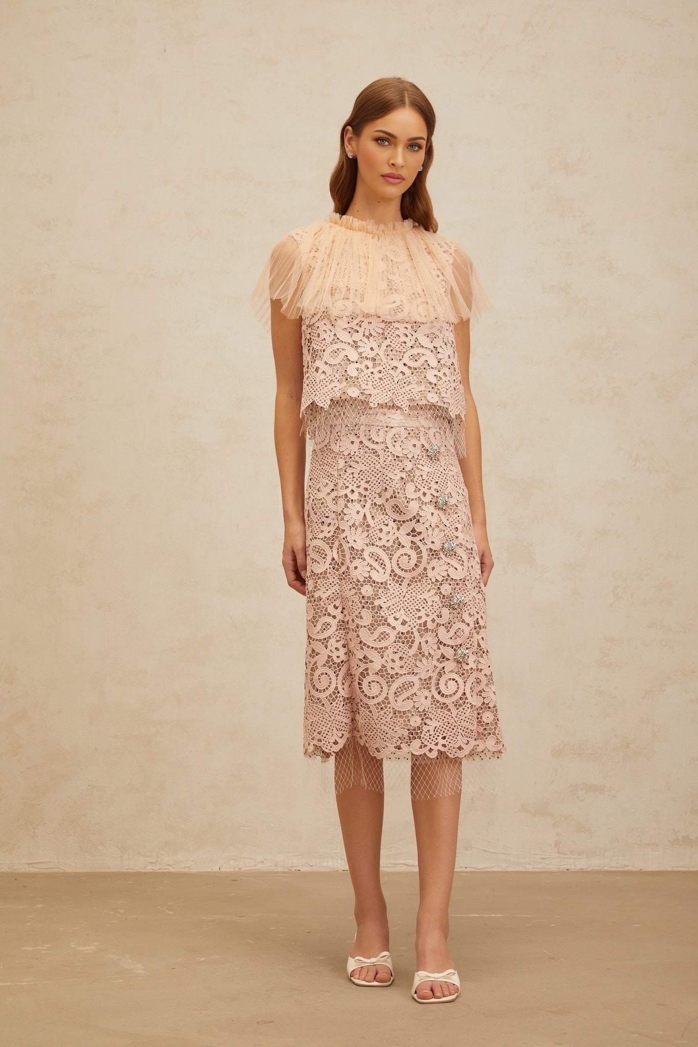 Arianna Lace Top & Skirt - Frilled Neck - Tulle Panelling - Crystal Embellishment - Rear Zip Fastening