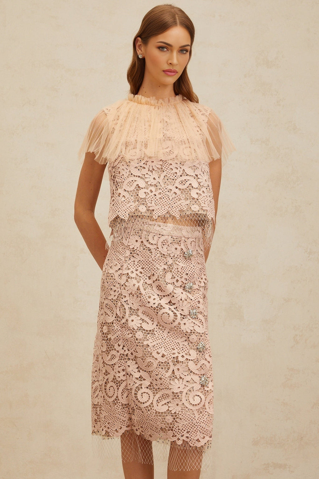 Arianna Lace Top & Skirt - Frilled Neck - Tulle Panelling - Crystal Embellishment - Rear Zip Fastening