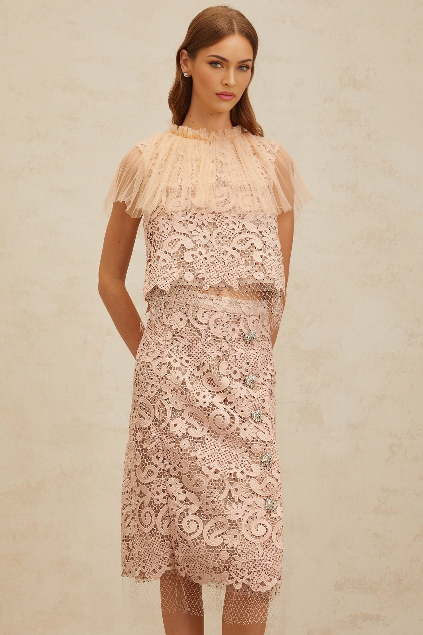Arianna Lace Top & Skirt - Frilled Neck - Tulle Panelling - Crystal Embellishment - Rear Zip Fastening