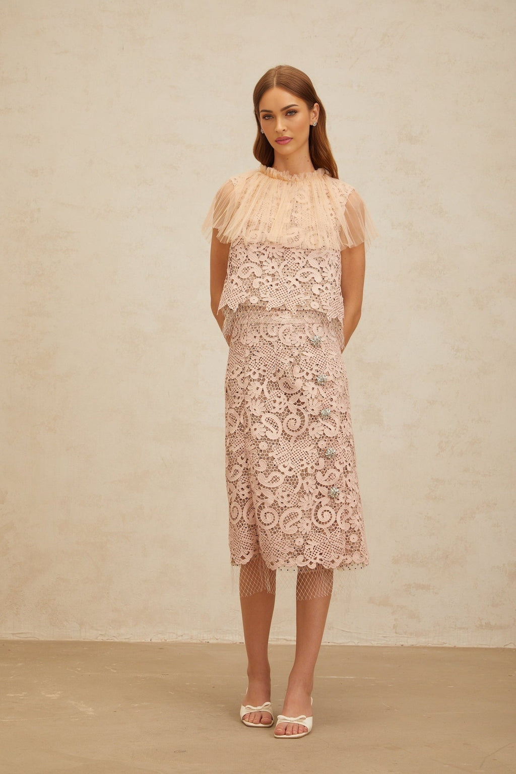 Arianna Lace Top & Skirt - Frilled Neck - Tulle Panelling - Crystal Embellishment - Rear Zip Fastening