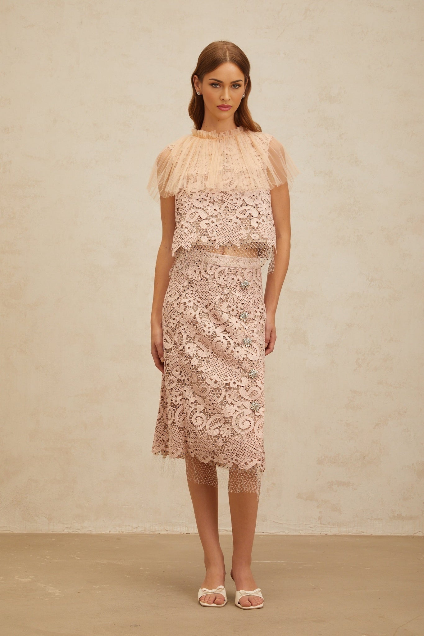Arianna Lace Top & Skirt - Frilled Neck - Tulle Panelling - Crystal Embellishment - Rear Zip Fastening
