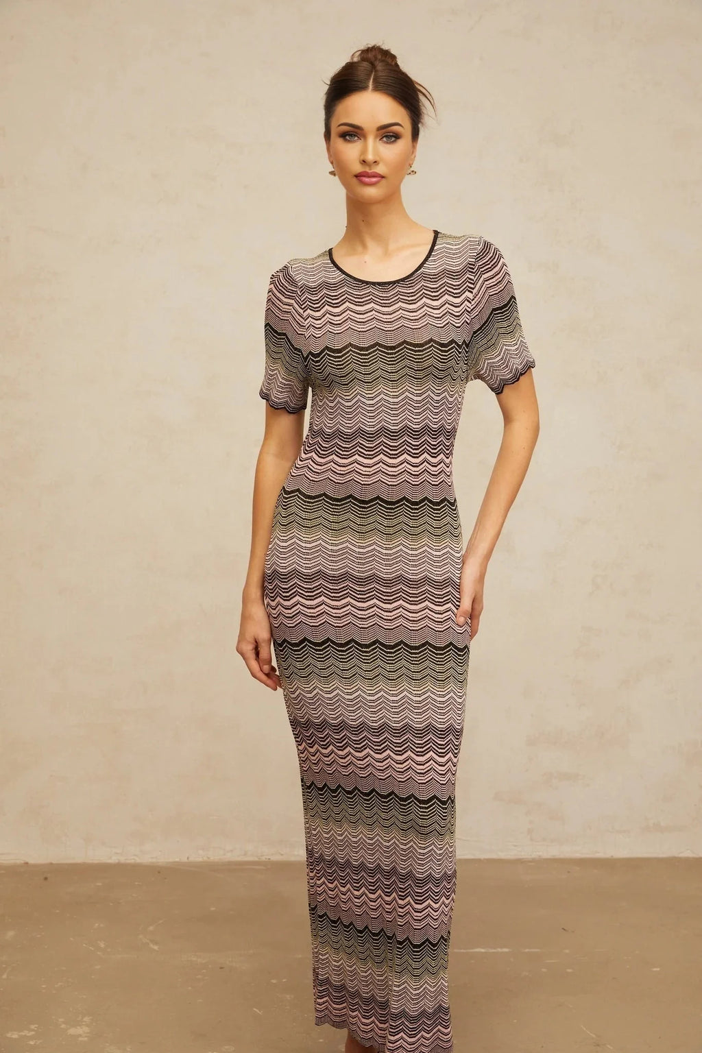 Arianna Maxi Dress Pink Wavy Crochet Knit
