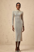 Arianna Midi Dress - Metallic Gold - tone - Ribbed Knit - Shoulder Pads - Fitted Silhouette - Calf Length