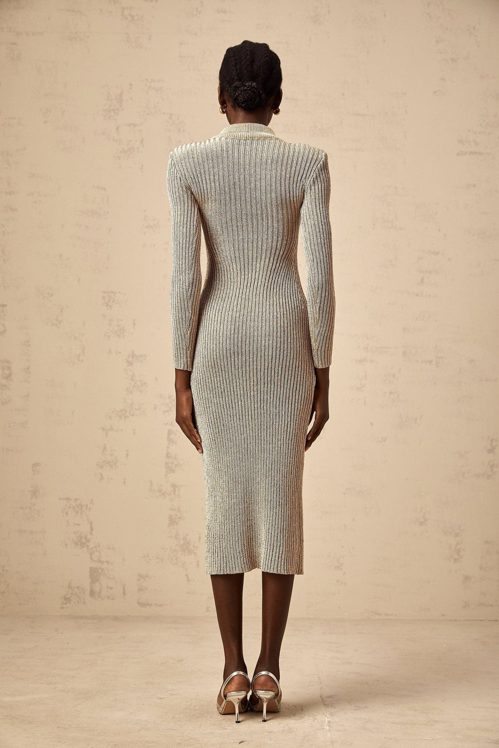 Arianna Midi Dress - Metallic Gold - tone - Ribbed Knit - Shoulder Pads - Fitted Silhouette - Calf Length