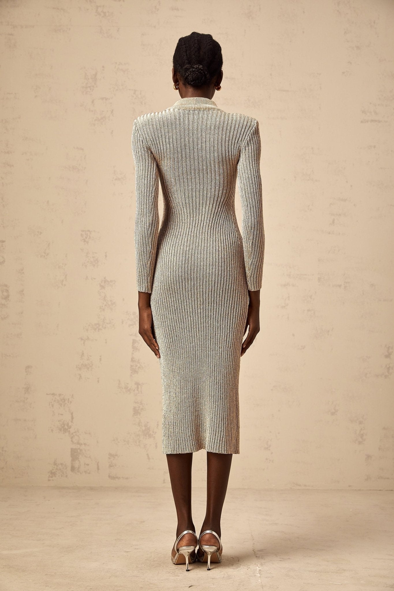 Arianna Midi Dress - Metallic Gold - tone - Ribbed Knit - Shoulder Pads - Fitted Silhouette - Calf Length