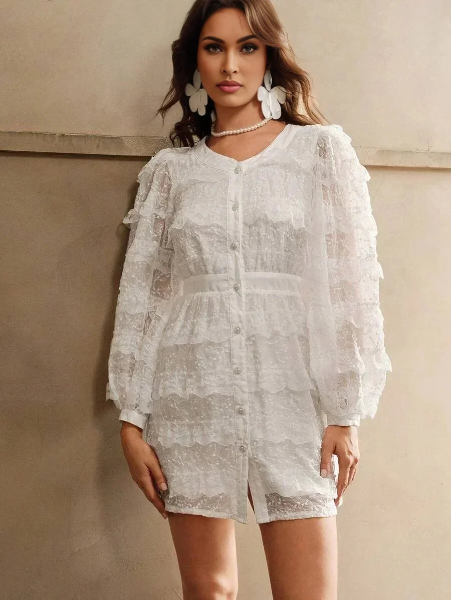 Arianna Midi Dress - Round Neck - Bishop Sleeve - High Waist - Elegant - A Line