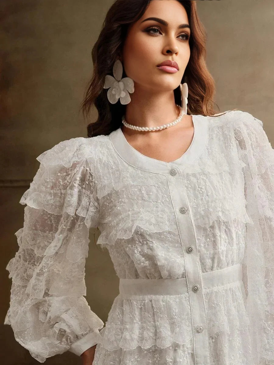 Arianna Midi Dress - Round Neck - Bishop Sleeve - High Waist - Elegant - A Line