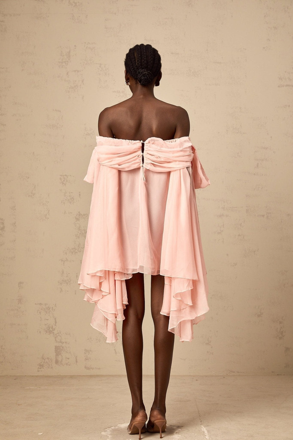 Arianna Mini Dress - Off the Shoulder Design - Semi - Sheer - Extra - Long Sleeves - Ruched Detailing