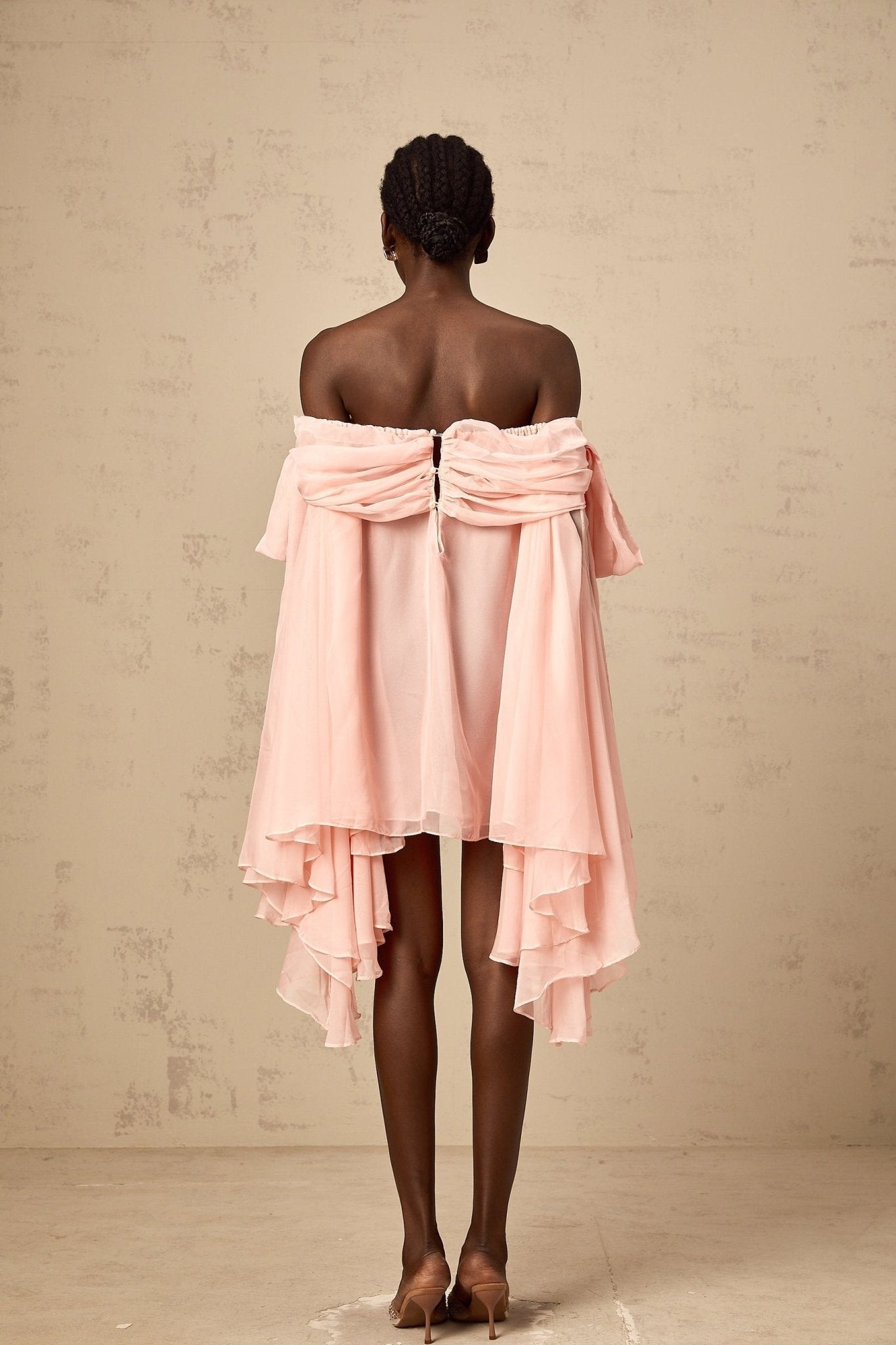 Arianna Mini Dress - Off the Shoulder Design - Semi - Sheer - Extra - Long Sleeves - Ruched Detailing