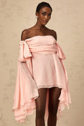 Arianna Mini Dress - Off the Shoulder Design - Semi - Sheer - Extra - Long Sleeves - Ruched Detailing