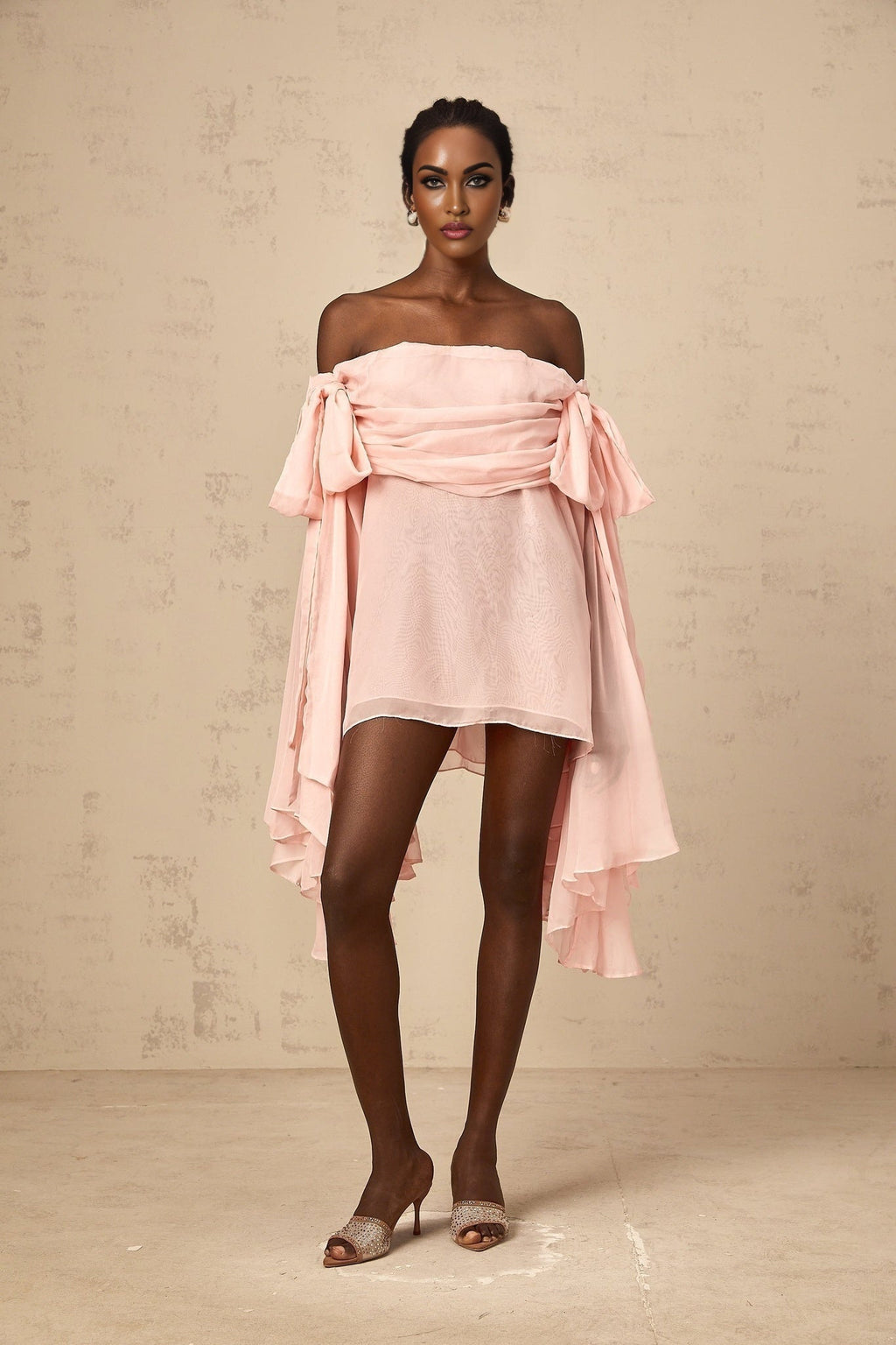 Arianna Mini Dress - Off the Shoulder Design - Semi - Sheer - Extra - Long Sleeves - Ruched Detailing