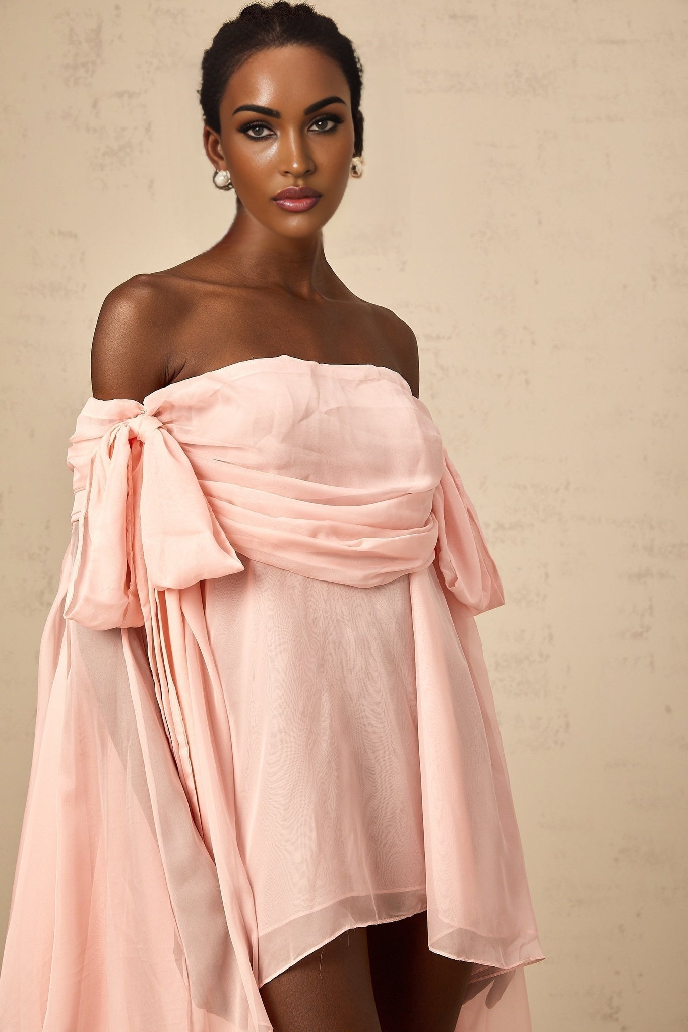 Arianna Mini Dress - Off the Shoulder Design - Semi - Sheer - Extra - Long Sleeves - Ruched Detailing