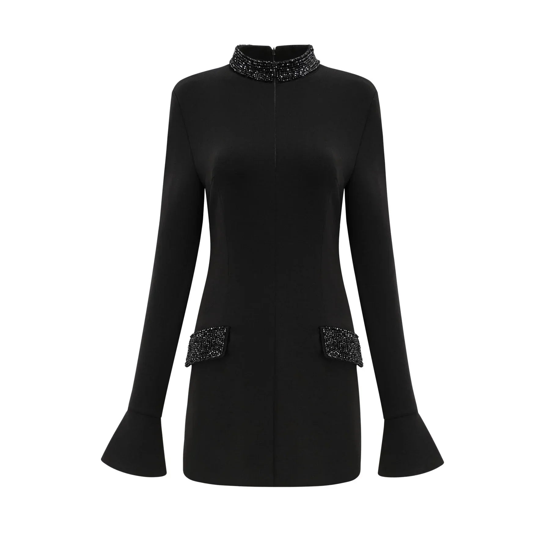 Ariella Elegant Long Dress - Round Neck - Flared Cuffs - Crystal Embellishment - Rear Zip Fastening