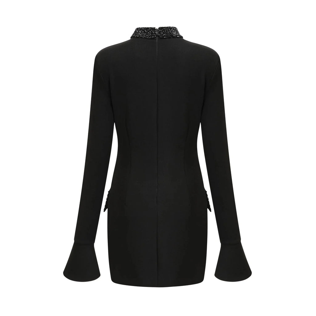 Ariella Elegant Long Dress - Round Neck - Flared Cuffs - Crystal Embellishment - Rear Zip Fastening