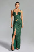 Ariella Green Maxi Dress with Cut-Out Design and Flower Detailing