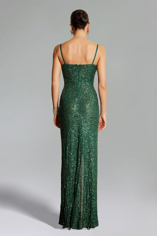Ariella Green Maxi Dress with Cut-Out Flower Detailing and Daring Slit
