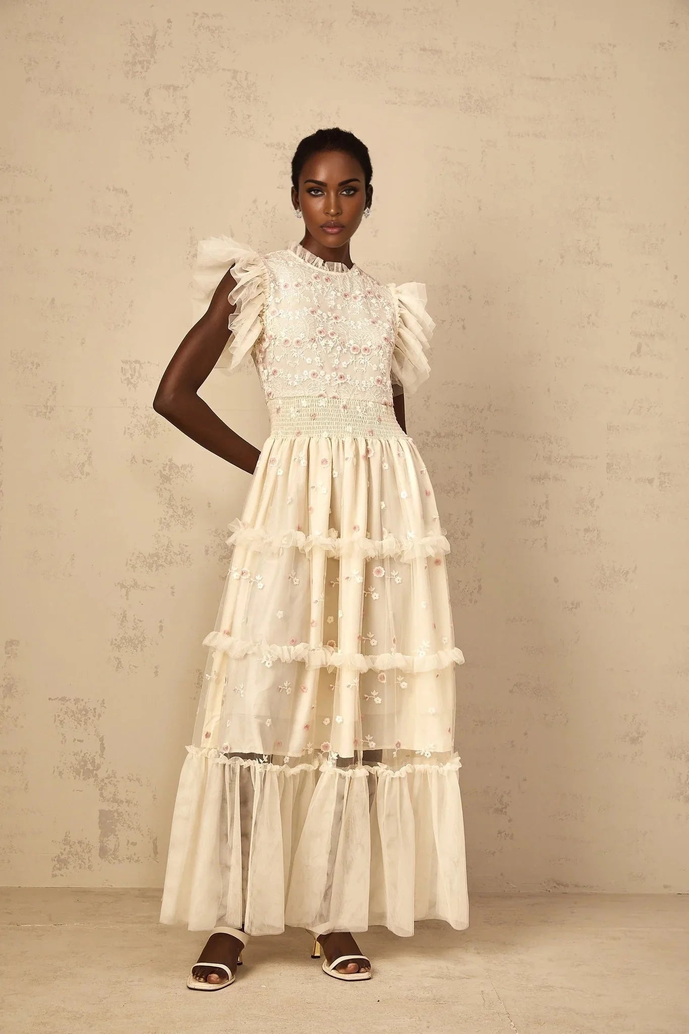 Ariella Maxi Dress White Floral Embroidered Tiered Tulle