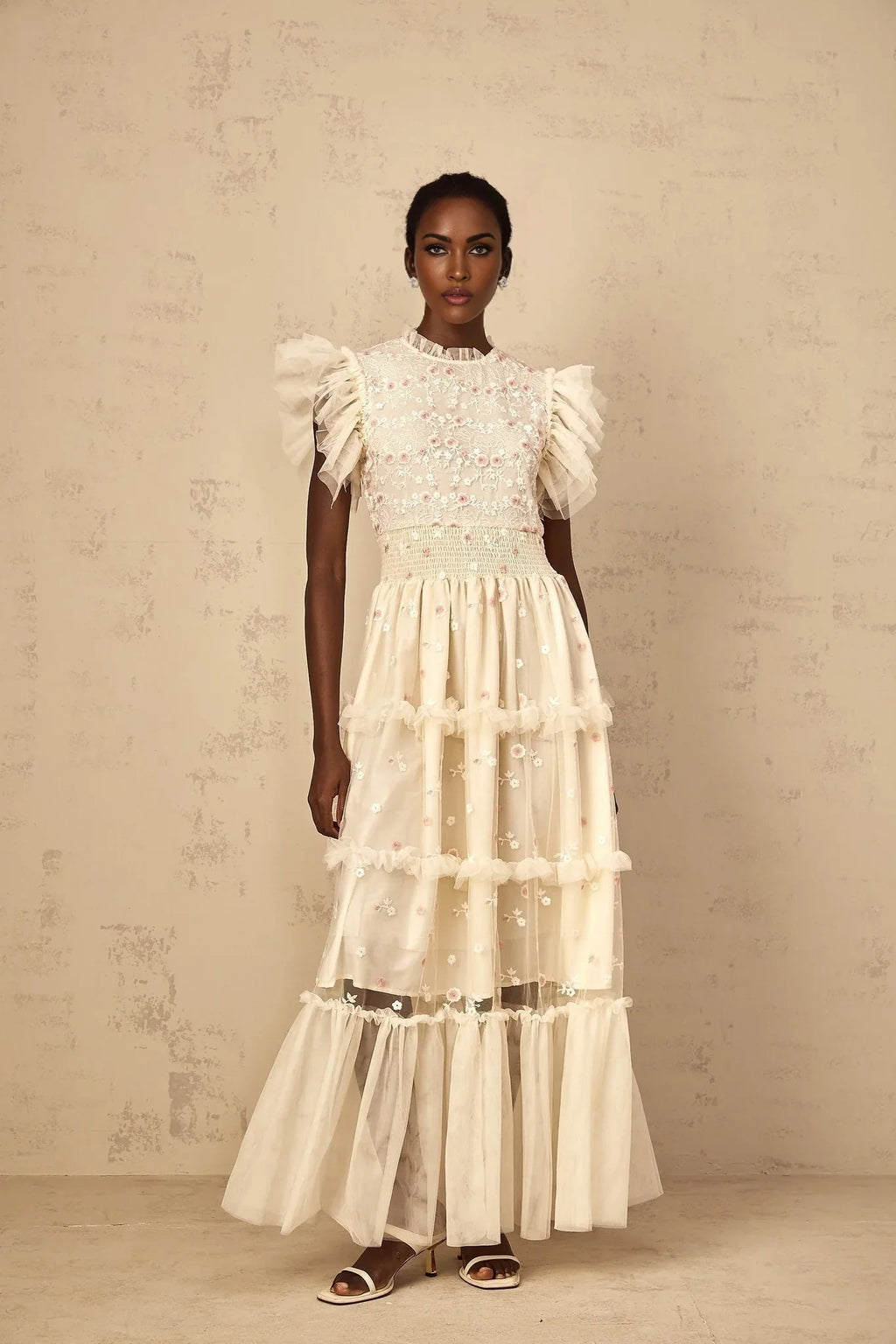 Ariella Maxi Dress White Floral Embroidered Tiered Tulle