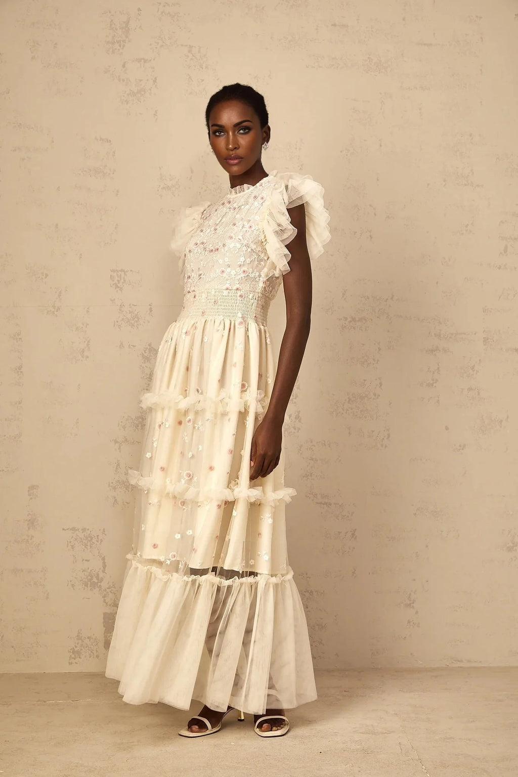 Ariella Maxi Dress White Floral Embroidered Tiered Tulle